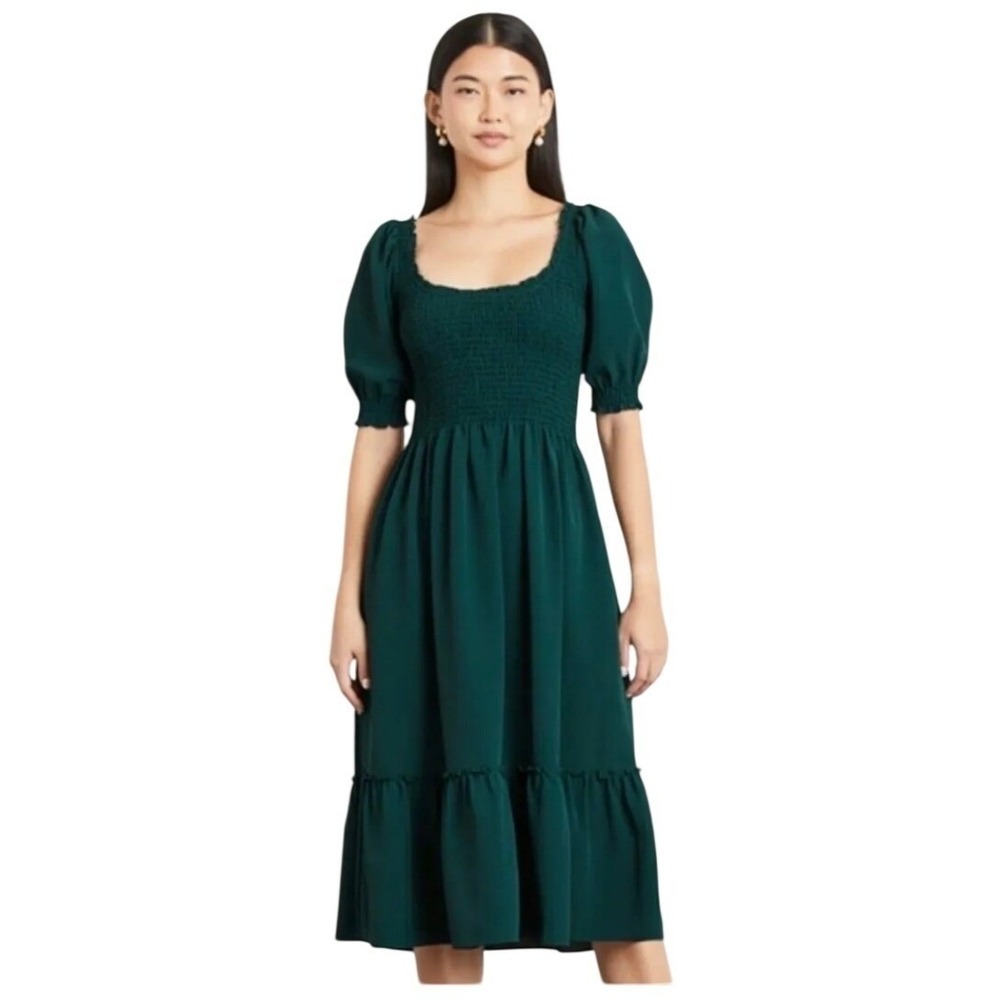 Hill House Home The Nap Dress Womens XL Green Athena Smocked Puff Sleeve Midi